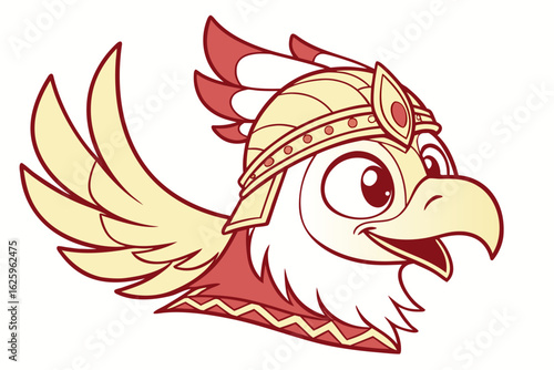 Simple vector garuda, cartoon style, flat gold and red tones, majestic yet friendly face