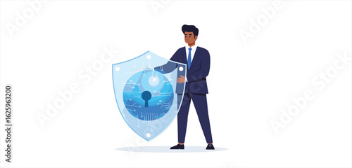 Business Vector Illustration of Man Holding Shield with Keyhole for Security Protection Modern Design in Blue