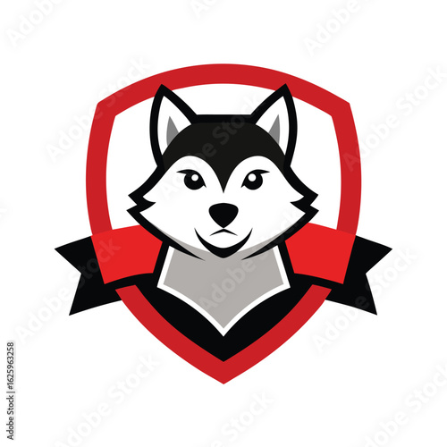 Malamute head in northern triangle badge with strong ribbon vector art illustration