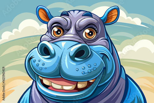 Funny hippopotamus a plush toy on a sky background
