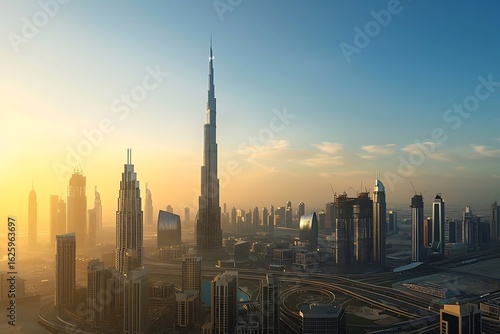 Stunning Dubai skyline at sunset, modern architecture and city landscape view