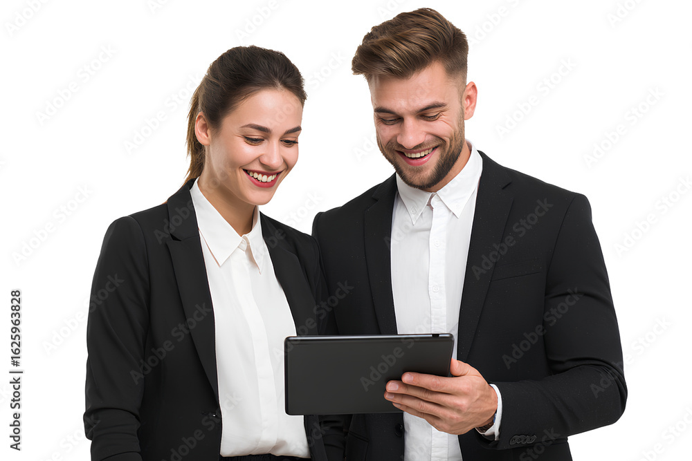 A man and woman in business attire standing together, smiling while looking at an iPad screen, isolated on a transparent background A man and woman in business attire standing together, smiling while looking at an iPad screen, isolated on a transparent background