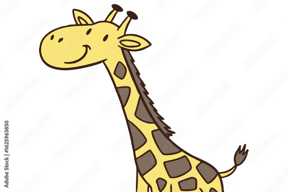 Obraz premium Simple vector giraffe cartoon, flat yellow and brown color, long neck, smiling, kid-friendly design