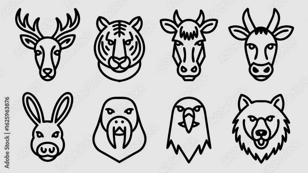 Obraz premium Collection of diverse animal head outlines in simple black and white line art style