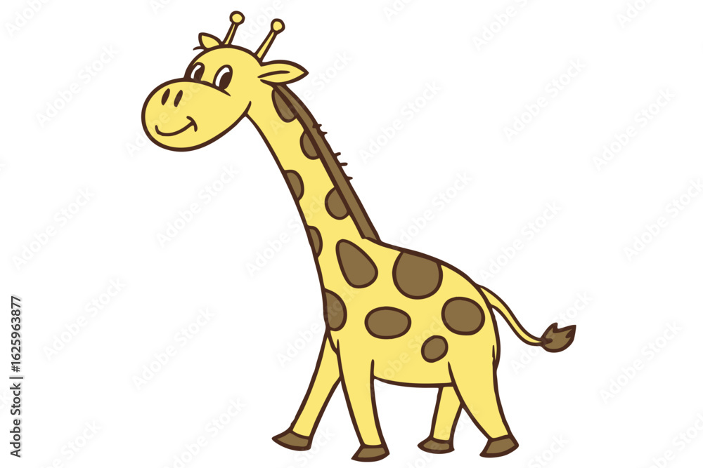 Naklejka premium Simple vector giraffe cartoon, flat yellow and brown color, long neck, smiling, kid-friendly design