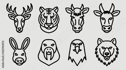 Collection of diverse animal head outlines in simple black and white line art style