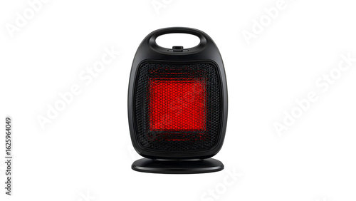 Modern black electric space heater with red heating element, portable indoor ceramic heater for home and office, energy efficient winter appliance