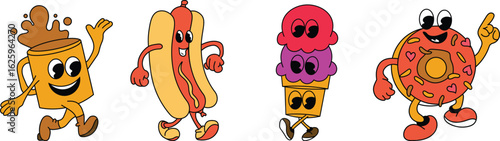 Retro Mascot Cartoon Food Vector bundle featuring vintage-style characters of snacks, drinks, and meals for fun, nostalgic designs.