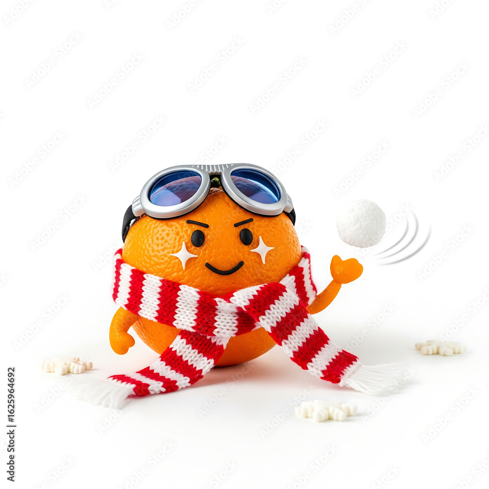 Fototapeta premium Cute orange character with scarf and goggles throwing a snowball, isolated on white background