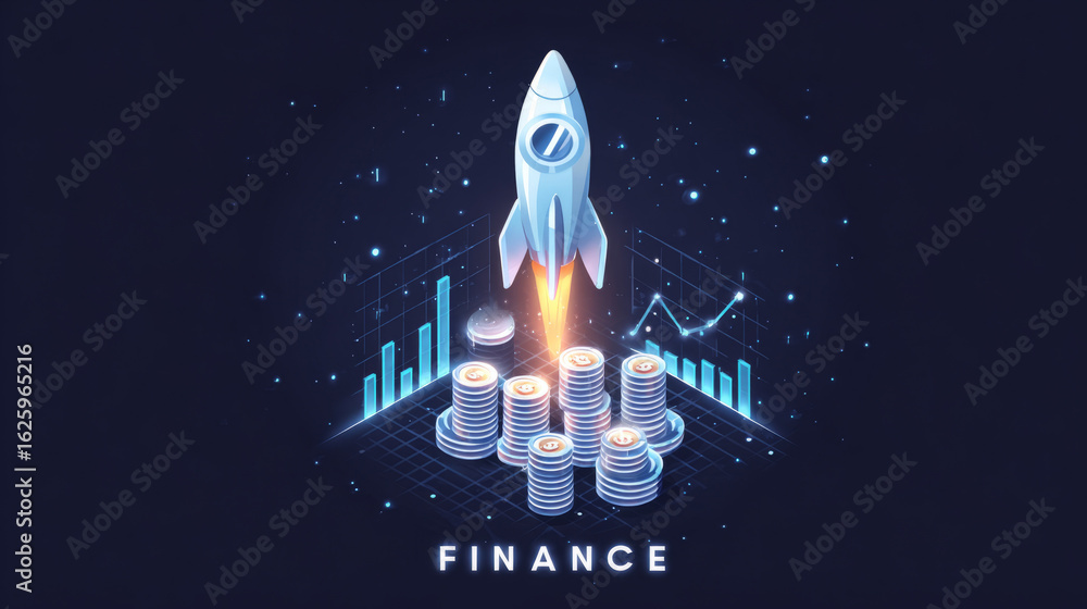 Obraz premium startup success theme, rocket labeled Finance launching from stacked coins, graphs trailing behind, glowing upward