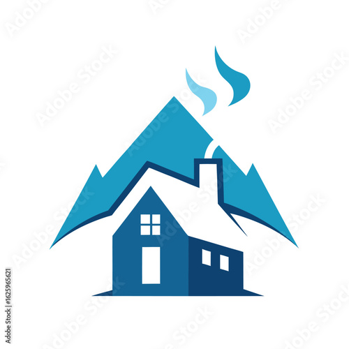 Snowy chalet with smoke chimney winter village landscape vector art illustration