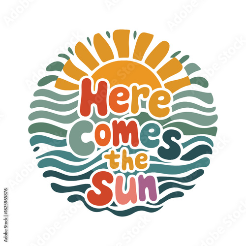 Retro-style typography with sun and waves in bright colors for summer positivity and good vibes, vector illustration design