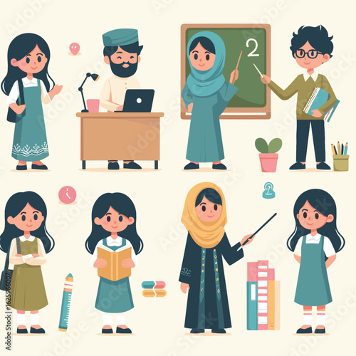 Vector Illustration Set Cartoon Muslim School Children and Teachers Vector Collection in Flat Style