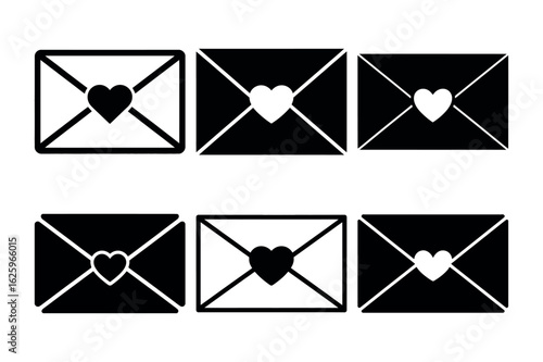 Black and white envelopes with hearts love mail