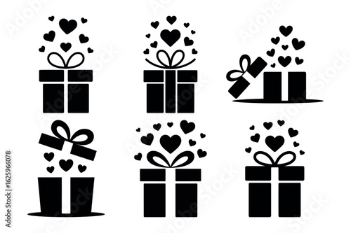Black gift boxes with hearts present ribbon