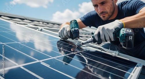 Skilled technician meticulously installs solar panels on a rooftop under a clear blue sky