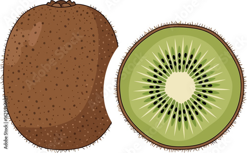 A whole kiwi fruit and its cross-section, showcasing its brown fuzzy skin and vibrant green interior with tiny black seeds.