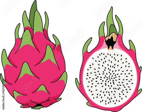 A whole and halved pink dragon fruit, showcasing its vibrant exterior and white interior with tiny black seeds.
