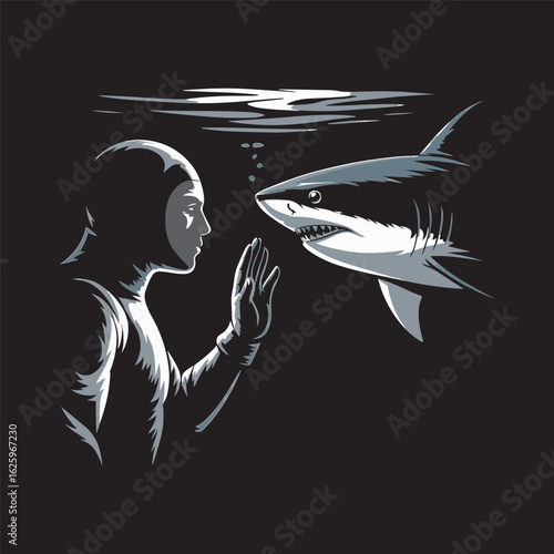 Illustration of diver confronting shark in underwater environment with light reflections, vector illustration design