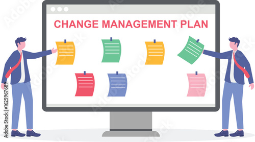 Vector illustration of working together in change management plan with sticky notes on whiteboard
