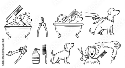 dog grooming icons, various grooming activities, black and white line art