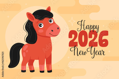 Cute red horse on light yellow background. Happy 2026 New Year of the Horse, Lunar New Year or Chinese New Year. Greeting card or banner.