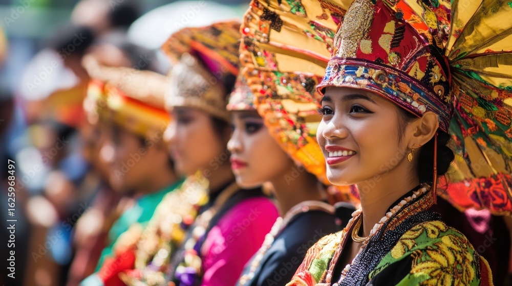 Fototapeta premium Woman in Elaborate Headpiece and Traditional Dress Smiles at a Parade
