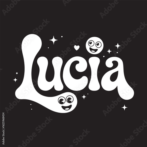 Playful white bubbly “Lucia” name text with smiling cartoon faces and stars on black background, vector illustration design