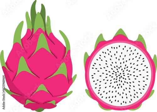 Vibrant pink dragon fruit, whole and halved, showcasing its white flesh and black seeds.