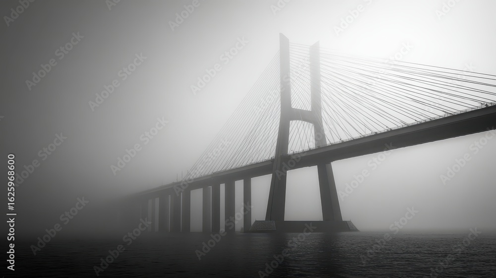 Fototapeta premium Bridge disappearing in fog over water; architecture, mystery, moody, backdrop