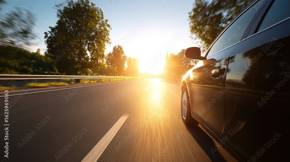 Fototapeta premium A car speeds down a sunlit highway, capturing the essence of freedom and motion.