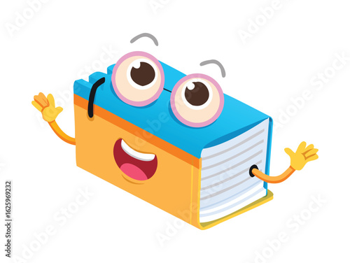 Vector art of cheerful cartoon book character with big eyes and open mouth, isolated on white background.