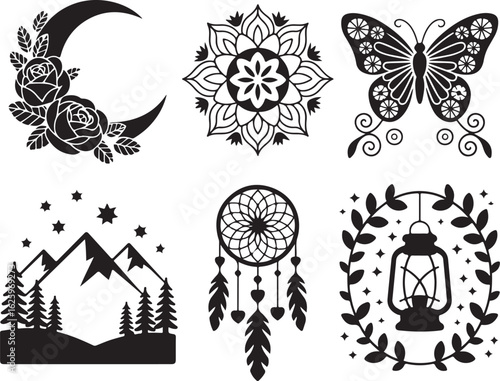 Boho celestial nature designs: moon, butterfly, mountains, dreamcatcher
