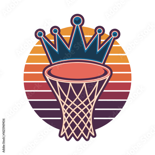 Basketball hoop with royal crown over retro sunset gradient in bold athletic logo concept, vector illustration design