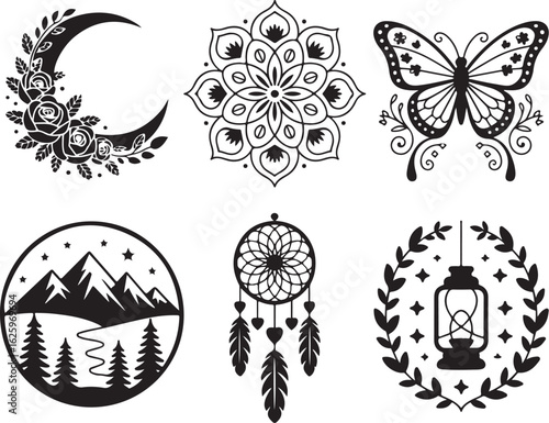 Boho celestial nature icons moon butterfly dreamcatcher mountains lantern