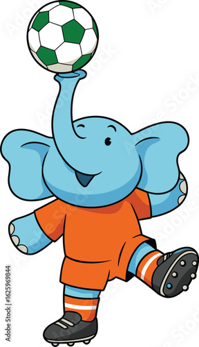 Blue cartoon elephant balancing soccer ball with trunk, wearing orange sports outfit, sporty character for children, playful fun illustration, kids design