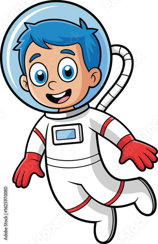 Cartoon astronaut with red gloves floating in space, colorful spacesuit character illustration, cosmic adventure theme for children, sci-fi vector artwork