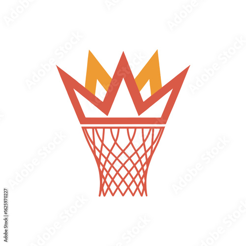 Crown rising from red basketball net in minimalist emblem concept for sports team or court kings, vector illustration design