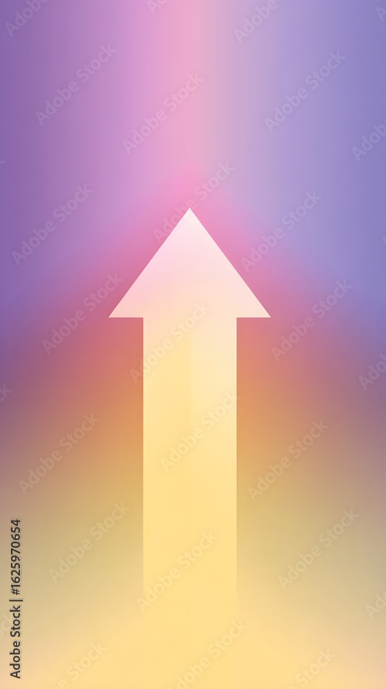 Fototapeta premium Sharp white upward arrow against a warm pastel yellow to lilac gradient