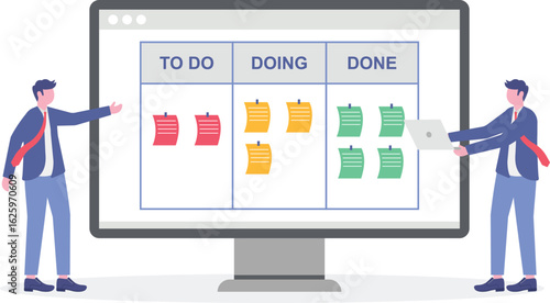 Vector illustration of team developing internal communication plan with sticky notes on whiteboard information flow

