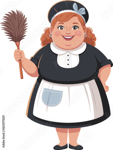 Cartoon maid character holding feather duster, black uniform, white apron, domestic worker vector, cleaning service icon, housekeeping clipart design