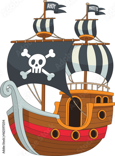 Cartoon pirate ship with skull and crossbones flag, wooden hull, striped sails, nautical adventure illustration for children, sailing vessel clipart