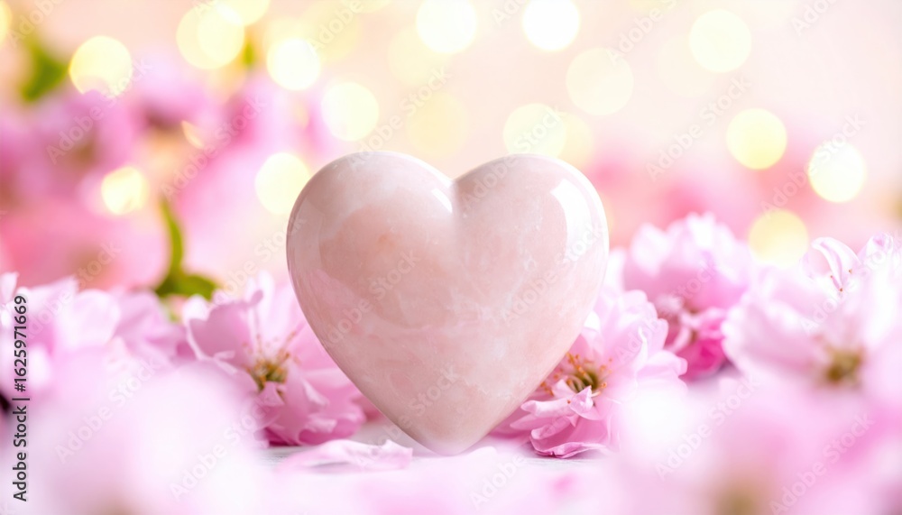 Obraz premium Delicate Pink Heart Stone Nestled Among Soft Cherry Blossoms with Dreamy Golden Bokeh