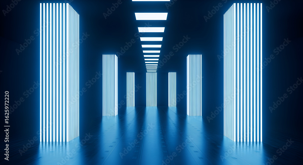 Obraz premium Futuristic corridor with neon lights and modern architecture