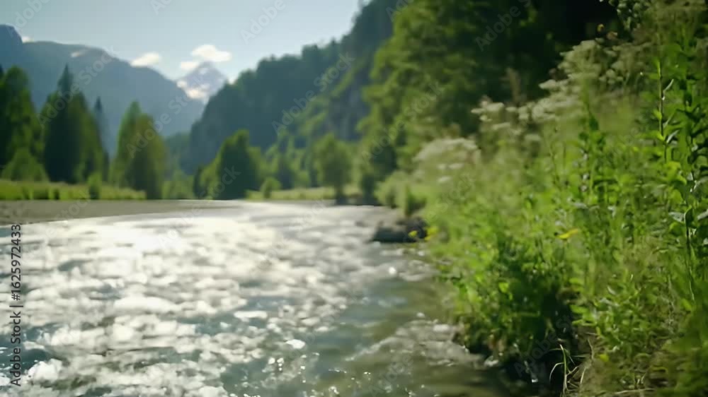 Blurred river flows in mountainous valley surrounded by greenery and wildflowers Blurred river flows in mountainous valley surrounded by greenery and wildflowers
