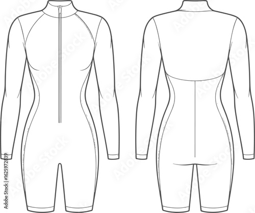 Short-leg wetsuit technical sketch, long sleeve, front zipper, high collar, seam detail, front back view, vector fashion template, garment design, clothing layout.