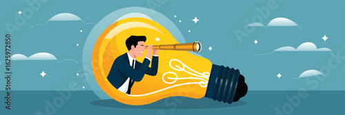 Businessman Looking Through Spyglass Inside Lightbulb Against Cloudy Sky Vision and Innovation