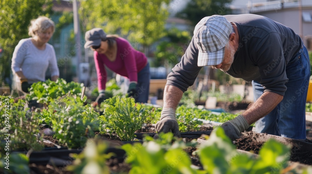 Fototapeta premium Senior Man Gardening With Gloves and Hat
