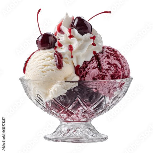 Vanilla and berry ice cream sundae with whipped cream sauce and cherries in a glass dish