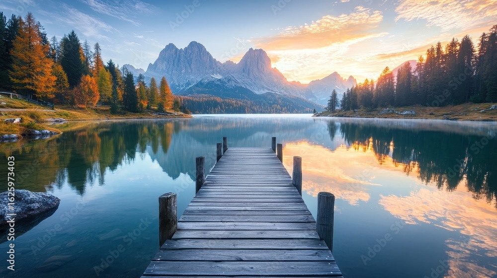 Wooden walkway. Picturesque autumn sunset on Misurina lake. Wonderful morning scene of Dolomite Alps. Traveling concept background. Wooden walkway. Picturesque autumn sunset on Misurina lake. Wonderful morning scene of Dolomite Alps. Traveling concept background.
